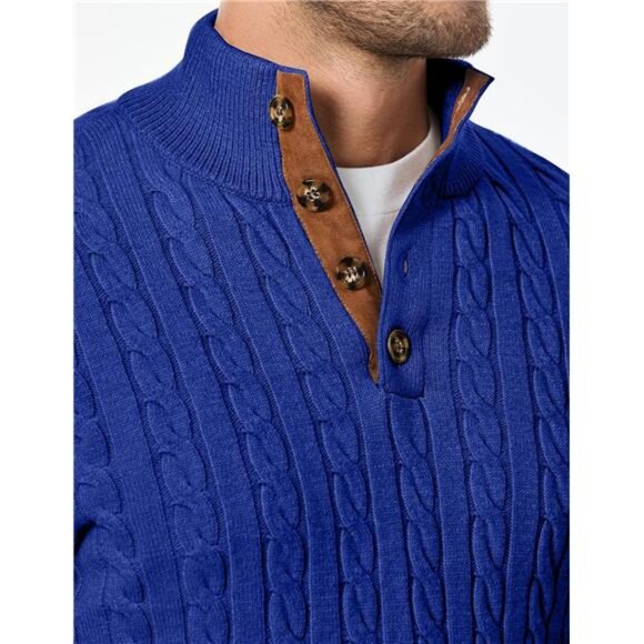 NEW Men's Cable Knit Pullover Sweater Casual Long Sleeve Stand Collar - Picture 5 of 6